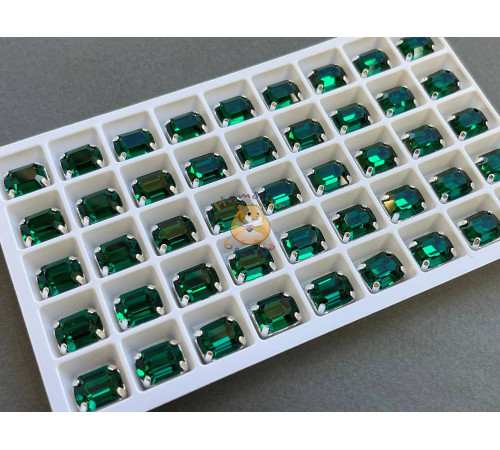 Стразы Прямоугольник Emerald пришивные в оправе 8×10 мм/ оправа серебро