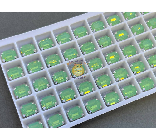 Стразы Прямоугольник Chrysolite Opal пришивные в оправе 8×10 мм/ оправа серебро