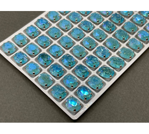 Стразы Овал сахарные Aquamarine пришивные в оправе 10×8 мм/ оправа серебро