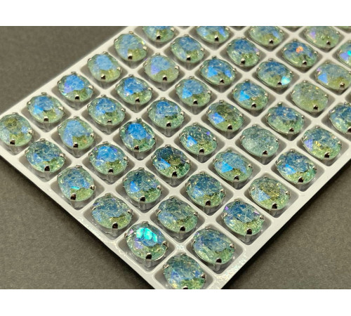Стразы Овал сахарные Chrysolite пришивные в оправе 10×8 мм/ оправа серебро