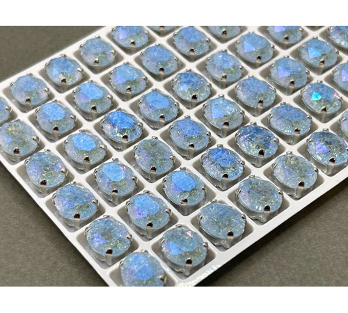Стразы Овал сахарные Light Sapphire пришивные в оправе 10×8 мм/ оправа серебро