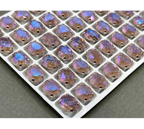 Стразы Овал сахарные Light Amethyst пришивные в оправе 10×8 мм/ оправа серебро