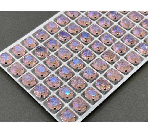 Стразы Овал сахарные Pink Sapphire пришивные в оправе 10×8 мм/ оправа серебро