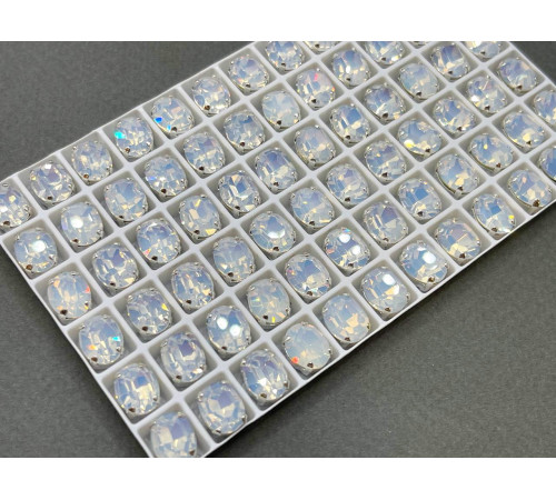 Стразы Овалы White Opal пришивные в оправе 10×8 мм/ оправа серебро