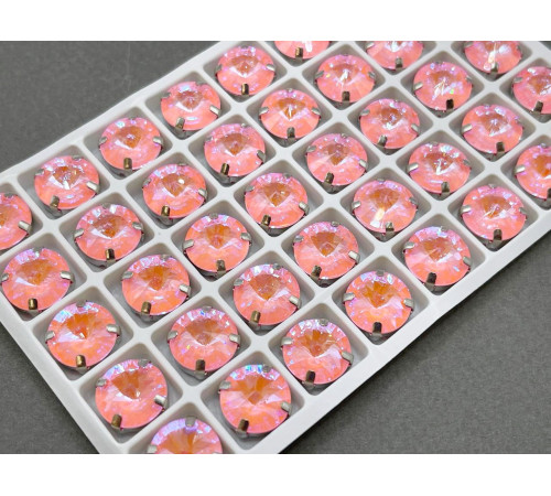 Стразы Риволи Light Rose Fluorescent пришивные в оправе 12 мм/ оправа серебро