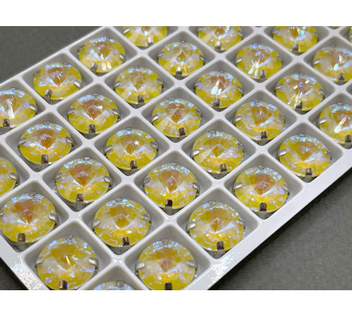Стразы Риволи Light Topаz Fluorescent пришивные в оправе 12 мм/ оправа серебро
