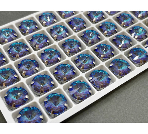 Стразы Риволи Olivine Fluorescent пришивные в оправе 12 мм/ оправа серебро