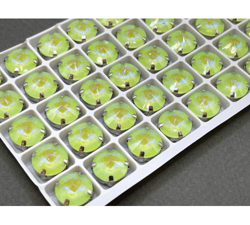 Стразы Риволи Peridot Fluorescent пришивные в оправе 12 мм/ оправа серебро