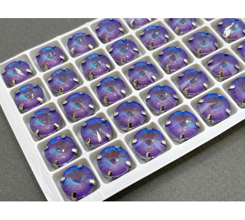 Стразы Риволи Violet Fluorescent пришивные в оправе 12 мм/ оправа серебро