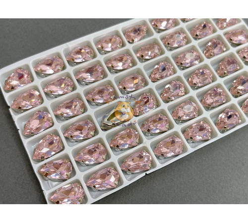 Стразы Узкий триллиант Light Rose пришивные в оправе 9×14 мм/ оправа никель