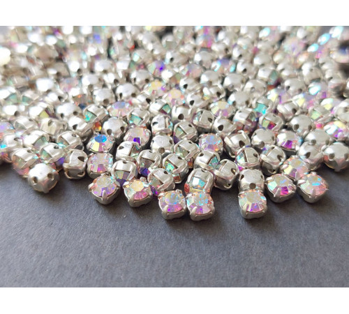 Шатоны Crystal AB /оправа серебро, ss16 (4 мм), 10 шт 